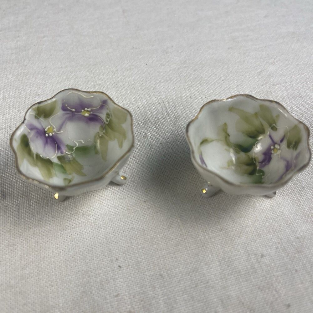 PAIR HAND PAINTED  SALT CELLAR DIPS-LAVENDER FLOWERS - GREEN-GOLD TRIM - FOOTED